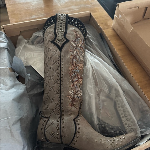 DOUBLE D Ranch Embroidered Studded Western Boots - Taupe - Picture 3 of 5